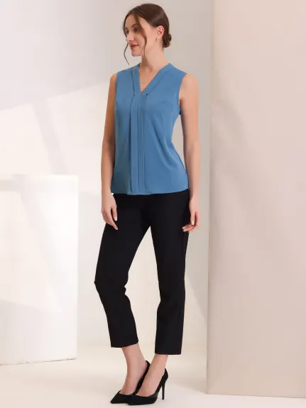 Allegra K - Pleated Front V Neck Sleeveless Work Blouse