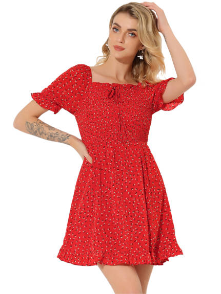 Allegra K- Puff Sleeve Square Neck Ruffled Hem Floral Smocked Dress