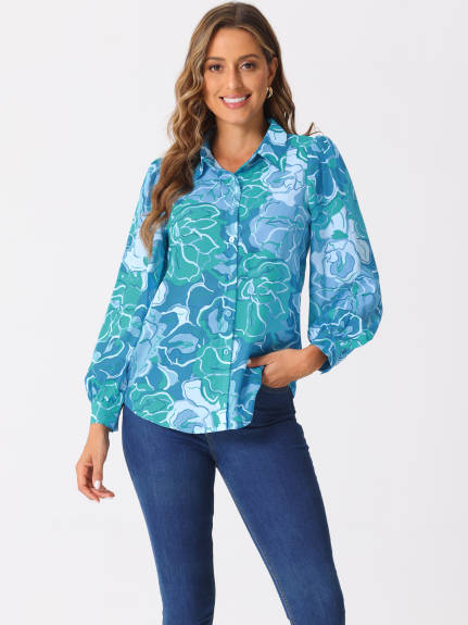 Allegra K - Floral Print Long Puff Sleeve Shirt