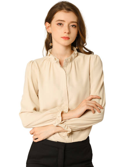 Allegra K- Ruffled Trim Stand Collar Long Sleeve Blouse