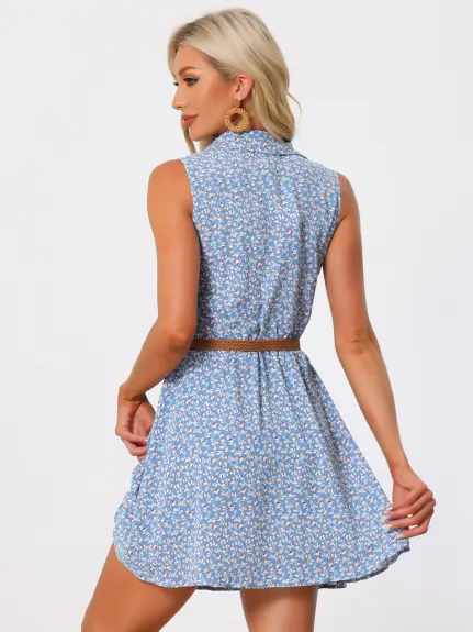 Allegra K- Printed Half Placket Sleeveless Belted Dress