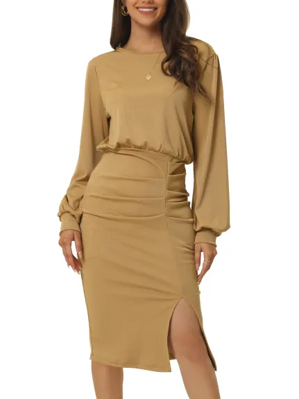 Allegra K- Ruched Side Slit Lantern Sleeve Ribbed Knit Bodycon Midi Dress