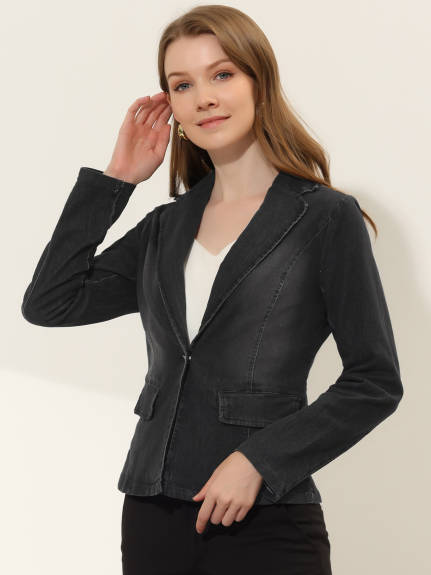 Allegra K- Notched Lapel One Button Washed Denim Blazer