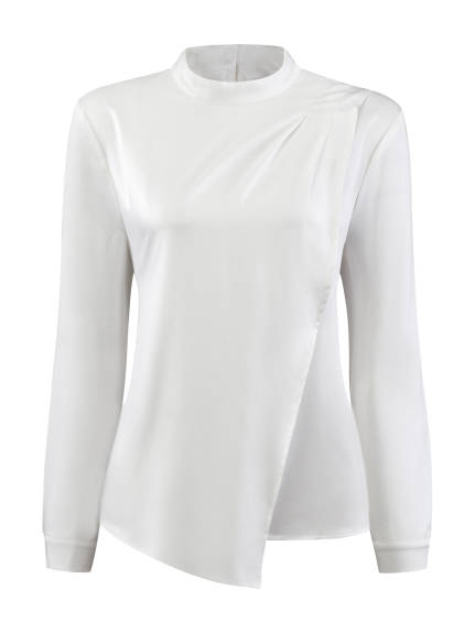 Hobemty - Mock Neck Satin Long Sleeve Blouse