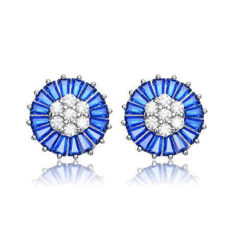 Genevive Sterling Silver White Gold Plated with Colored Round and Baguette Cubic Zirconia Stud Earrings