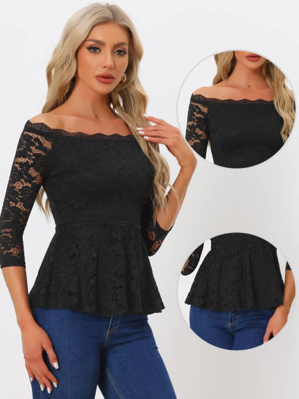 Allegra K- Floral Lace Off the Shoulder 3/4 Sleeve Peplum Top