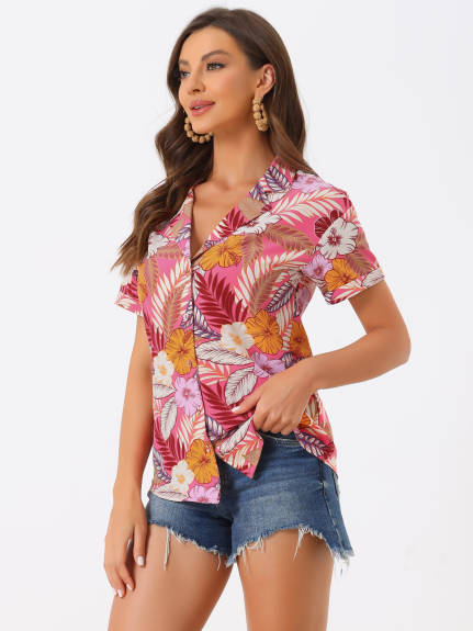 Allegra K- Beach Tropical Floral Leaves Button Down Shirts