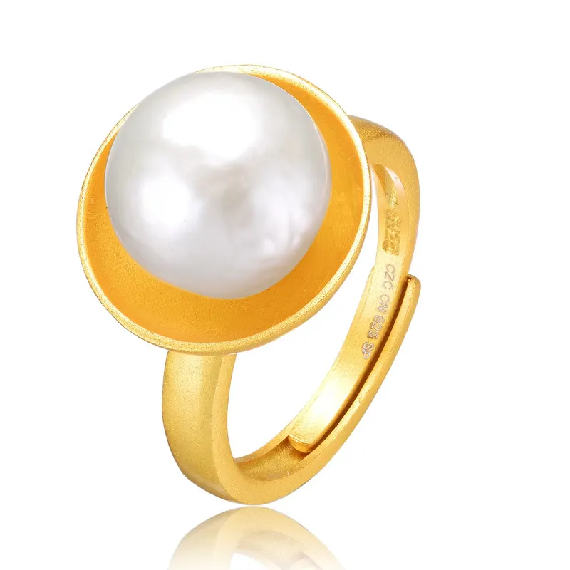 Genevive Sterling Silver 14k Gold Plated with Genuine Freshwater Pearl Adjustable Ring