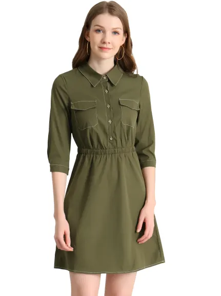 Allegra K- robe chemise Safari utilitaire col élastique manches 3/4