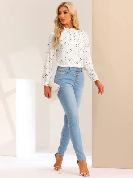 Allegra K - Polka Dots Tie Back Long Sleeve Blouse