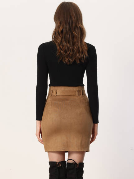 Allegra K - Faux Suede High Waist Belted Skirt