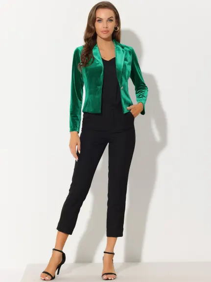 Allegra K- 1 Button Velvet Blazer Lapel Crop Suit Jacket