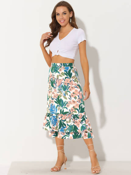 Allegra K- Printed Chiffon Ruffle Tiered Zipper Midi Skirt