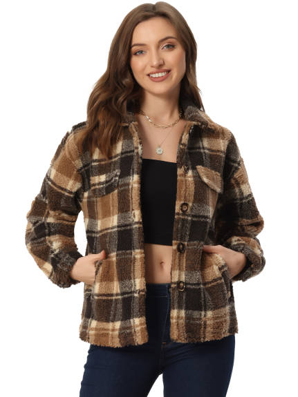 Allegra K - Faux Fleece Plaid Button Down Jacket