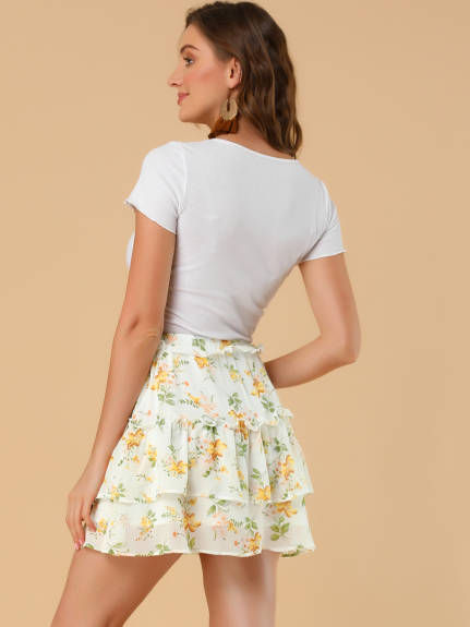 Allegra K- Layered Ruffle Elastic Waist Floral Mini Skirt