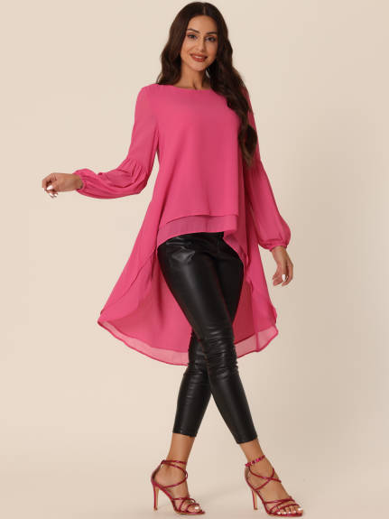 Allegra K- Lantern Long Sleeve High Low Asymmetrical Irregular Hem Top