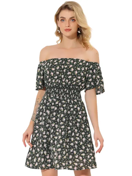 Allegra K- Ditsy Floral Off Shoulder A-Line Smocked Dress