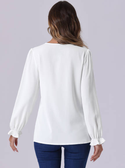 Allegra K - Split Neck Pleated Long Sleeve Blouse