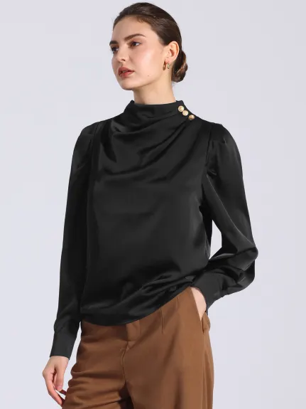 Allegra K - Satin Pleated Mock Neck Puff Sleeve Blouse