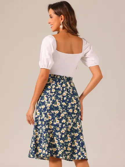 Allegra K- Elastic Waist A-Line Midi Leave Print Skirt