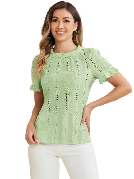 Allegra K- Crochet Mock Neck Puff Sleeve Blouse