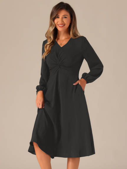 Allegra K - Twist Front Puff Sleeve Midi Dress