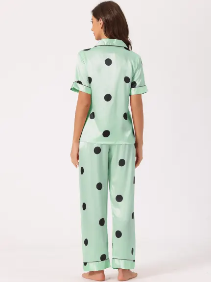 cheibear - Polka Dots Button Down Satin Sleepwear Set