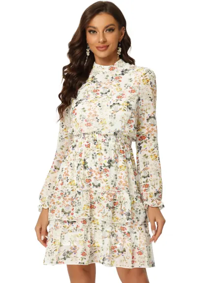 Allegra K- Floral Smocked Waist Sheer Sleeve Ruffle Layers Chiffon Dress