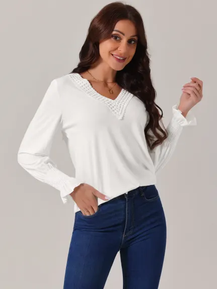 Allegra K - V Neck Long Sleeve Casual Tops