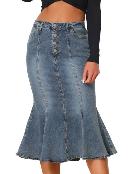 Allegra K- Washed Denim Fishtail Midi Skirt