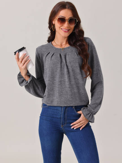 INSPIRE CHIC - Crew Neck Smocked Cuff Long Sleeve Blouse