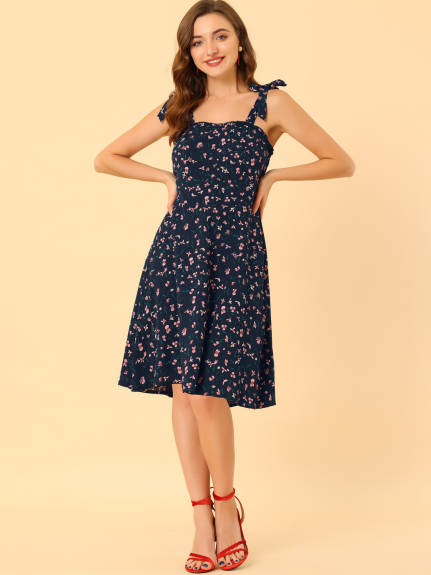 Allegra K- Smocked Back Adjustable Spaghetti Strap Floral Dress