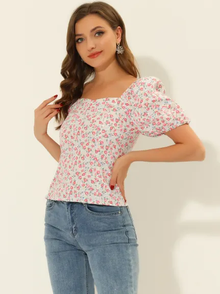 Allegra K- Puff Sleeve Sweetheart Neck Smocked Floral Top