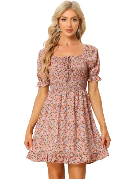 Allegra K- Puff Sleeve Square Neck Ruffled Hem Floral Smocked Dress