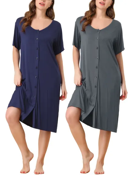 cheibear - Summer Button Down Nightgown 2-Pack, Deep Gray