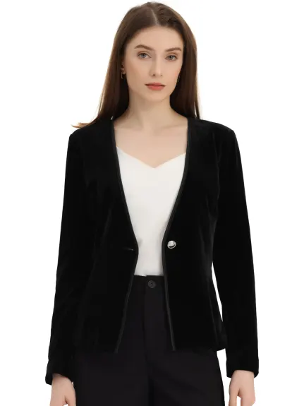 Allegra K- Collarless 1 Button Velvet Blazer