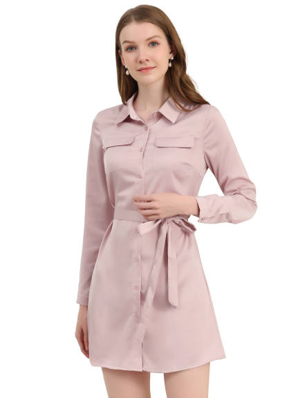 Allegra K- Button Down Satin Shirt Dress