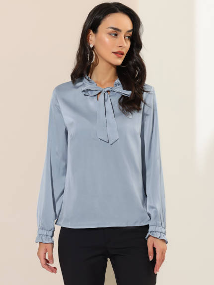 Allegra K- Satin Ruffle Tie Neck Long Sleeve Blouse