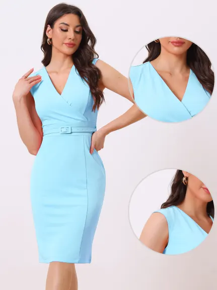 Allegra K- Sheath Sleeveless V Neck Belt Pencil Dress