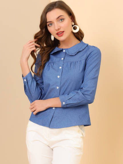 Allegra K - Long Sleeve Peter Pan Collar Classic Denim Shirt