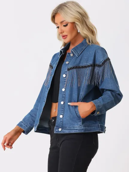 Allegra K- Beads Fringe Button Denim Jean Jackets