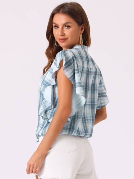 Allegra K - Plaid Ruffle Short Sleeve Summer Shirt