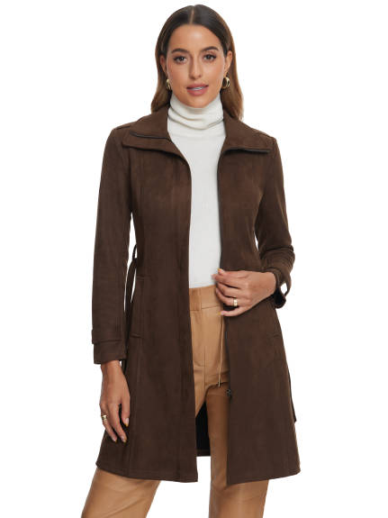 Allegra K- Faux Suede Belted Long Zipper Coat