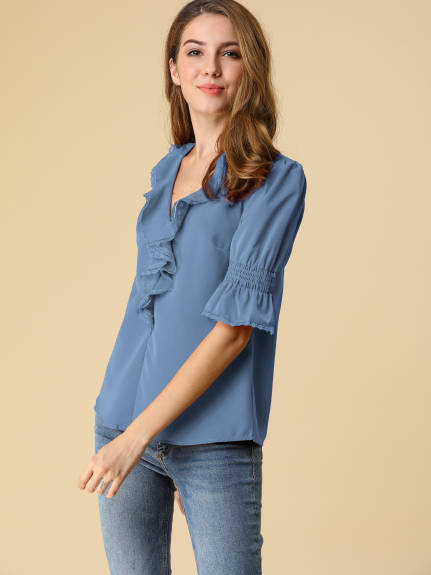 Allegra K- Ruffled V Neck Puff Elbow Sleeve Chiffon Blouse