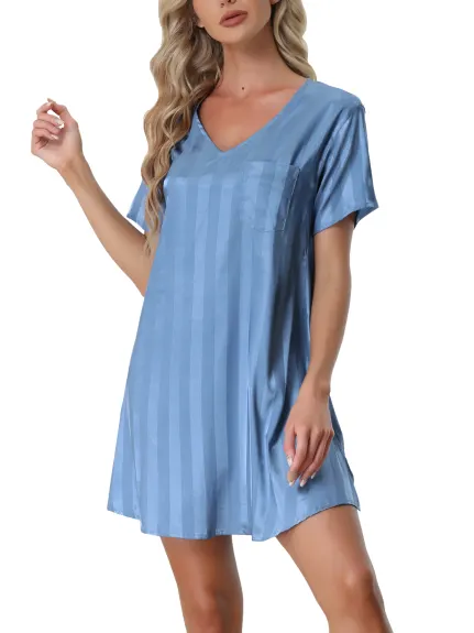 cheibear - Summer Striped Silky Satin Lounge Dress Nightshirt