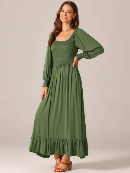 Allegra K - Scoop Neck Smocked Maxi Dress