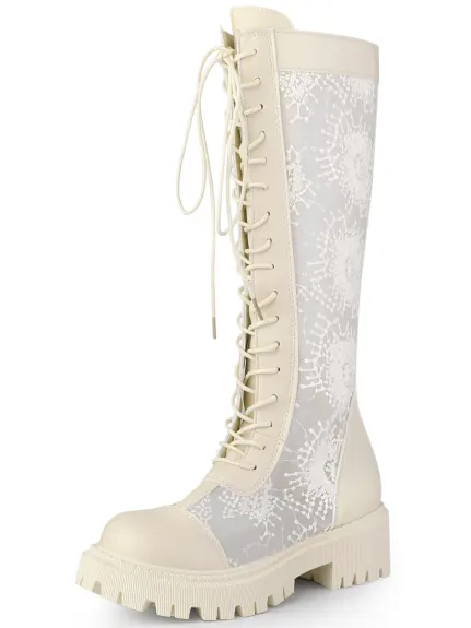 Allegra K - Lace Up Mesh Floral Block Heel Knee High Boots