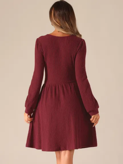 Allegra K - Scoop Neck Long Puff Sleeve Sweater Dress