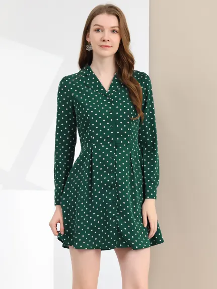 Allegra K- Polka Dots Notched Lapel V-Neck Shirt Dress