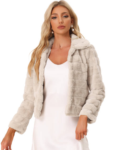 Allegra K- Faux Fur Fluffy Coat Collar Cropped Jacket